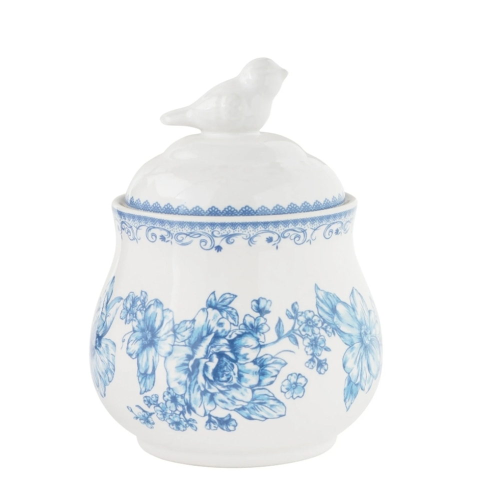 💕 New 2025 Pioneer Woman Agatha Blue and White Floral Sugar Bowl With Li